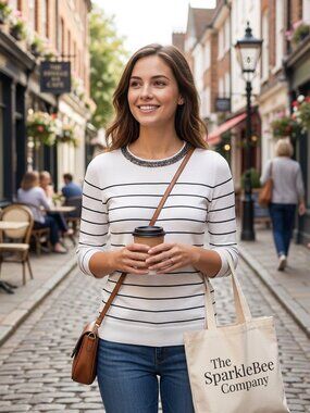 White House Black Market Women Blouse White Striped Beaded Long Sleeve Size‎ M